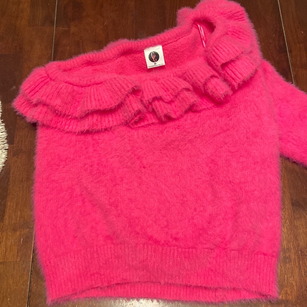 One-Shoulder, pink, ruffled neckline sweater